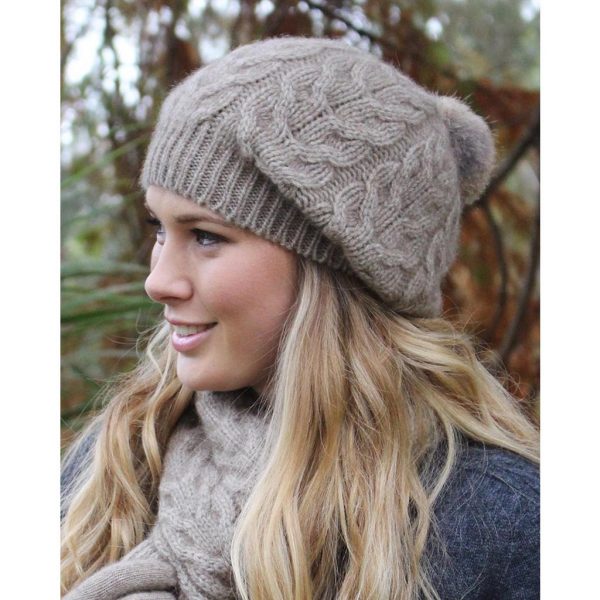 Relaxed Cable Beanie with Rabbit Fur Pompom