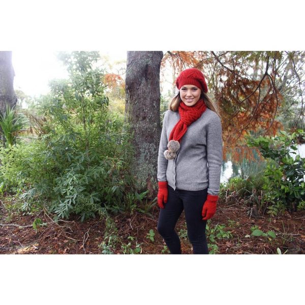 Cable Scarf with Rabbit Fur Pompoms